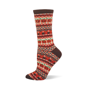 Cozy Pumpkin Spice Is Nice sock featuring a colorful Fair Isle knit pattern in autumnal red, orange, brown, and green.
