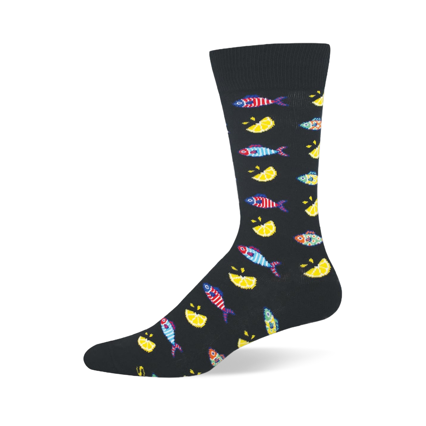 Black crew sock patterned with small colorful striped fishes and bright yellow lemon wedges, featuring a solid black toe.