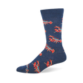 Dark blue crew sock featuring a scattered pattern of bright red Maine lobsters with light blue shell details.