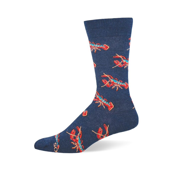 Dark blue crew sock featuring a scattered pattern of bright red Maine lobsters with light blue shell details. }}