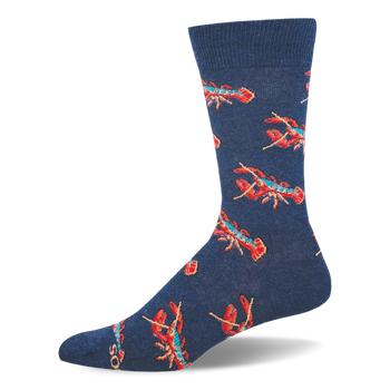 Dark blue crew sock featuring a scattered pattern of bright red Maine lobsters with light blue shell details.