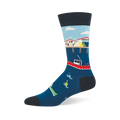 Crew sock featuring a coastal fishing pier over dark blue water with a lobster shack, a red fishing boat, and floating buoys.