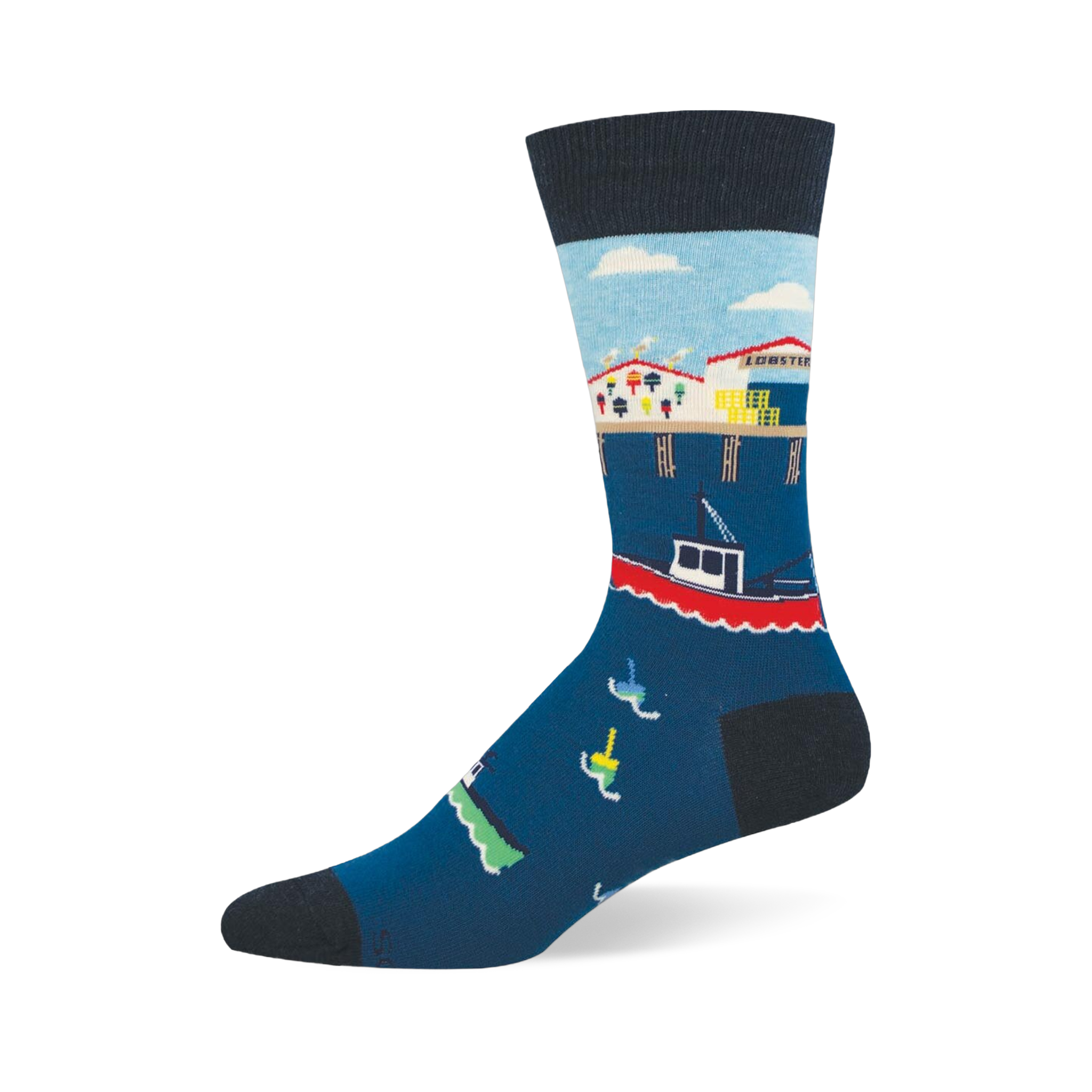 Crew sock featuring a coastal fishing pier over dark blue water with a lobster shack, a red fishing boat, and floating buoys.