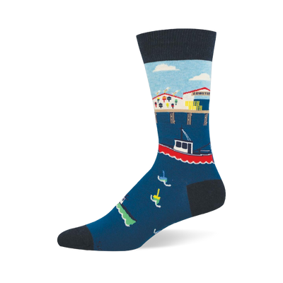 Crew sock featuring a coastal fishing pier over dark blue water with a lobster shack, a red fishing boat, and floating buoys.