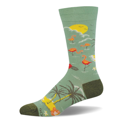 Light green crew sock showing a tropical scene with pink flamingos, a yellow sun, palm trees, and dark olive heel and toe.
