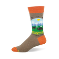 Heather brown crew sock with orange accents featuring a Yellowstone scene with bison, geysers, mountains, and trees.