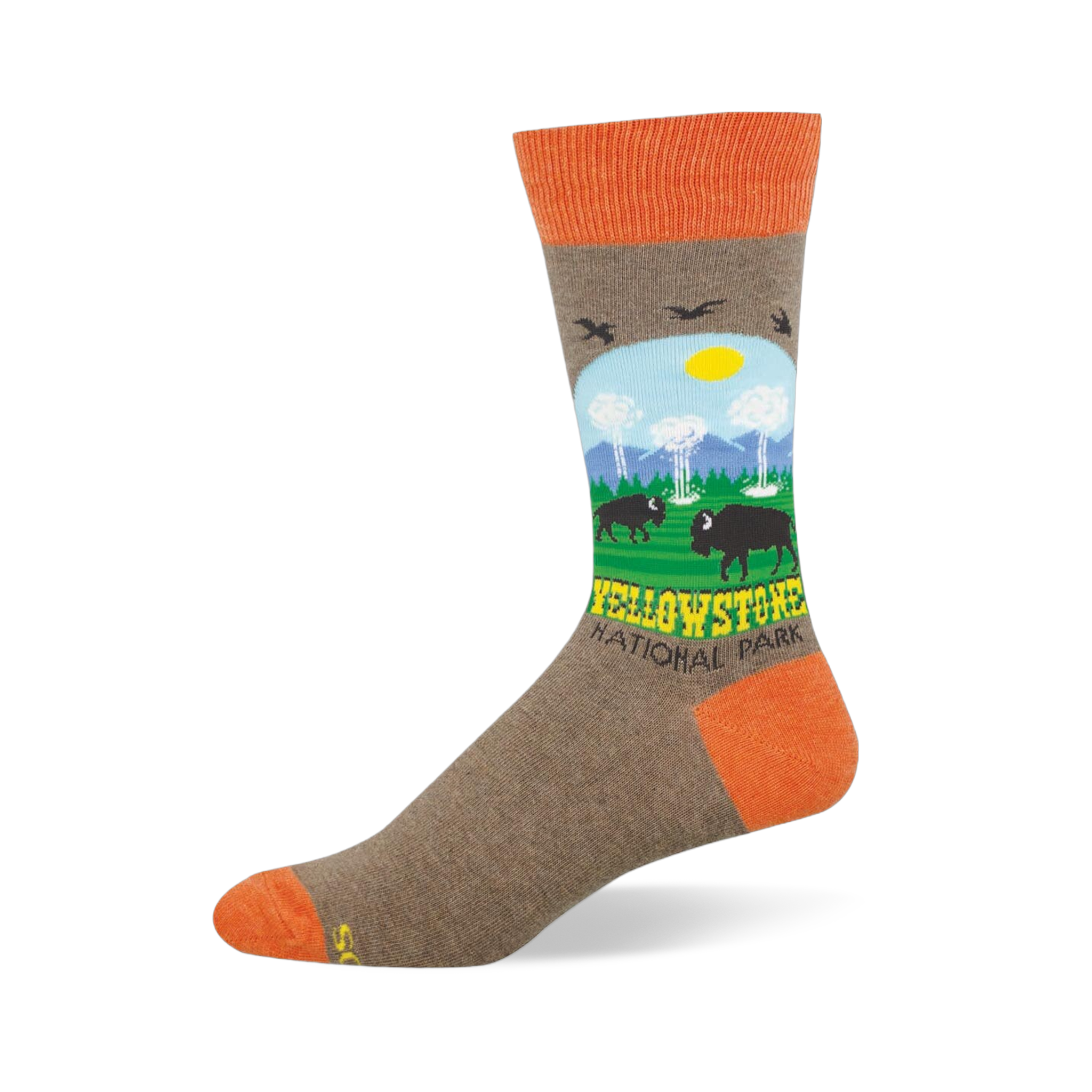Heather brown crew sock with orange accents featuring a Yellowstone scene with bison, geysers, mountains, and trees.