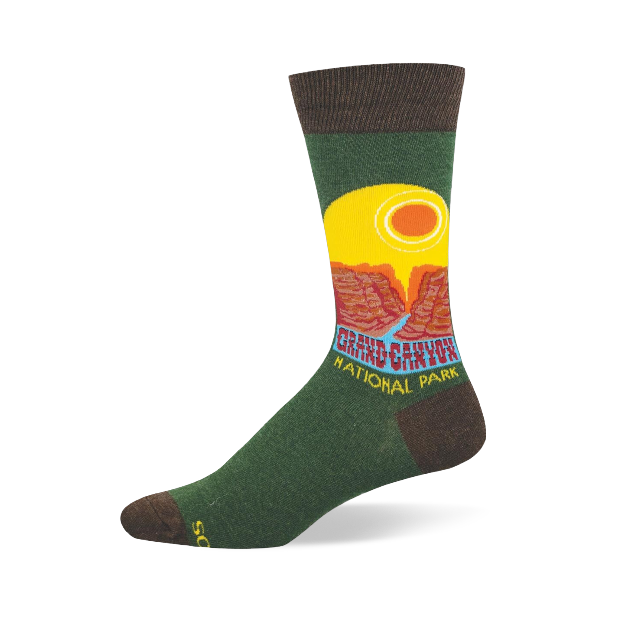 Green crew sock with brown accents featuring a retro Grand Canyon National Park graphic, yellow sun, and red cliffs.