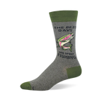 Grey sock with olive green accents. Shows a leaping pink and green trout with text THE BEST DAYS ARE SPENT FISHING.