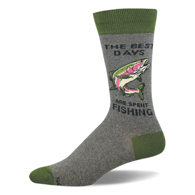 Grey sock with olive green accents. Shows a leaping pink and green trout with text THE BEST DAYS ARE SPENT FISHING.