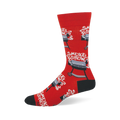 Bright red crew socks featuring black and grey barrel grills with white smoke rising up to spell the words Smoke Show.