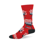 Bright red crew socks featuring black and grey barrel grills with white smoke rising up to spell the words Smoke Show.