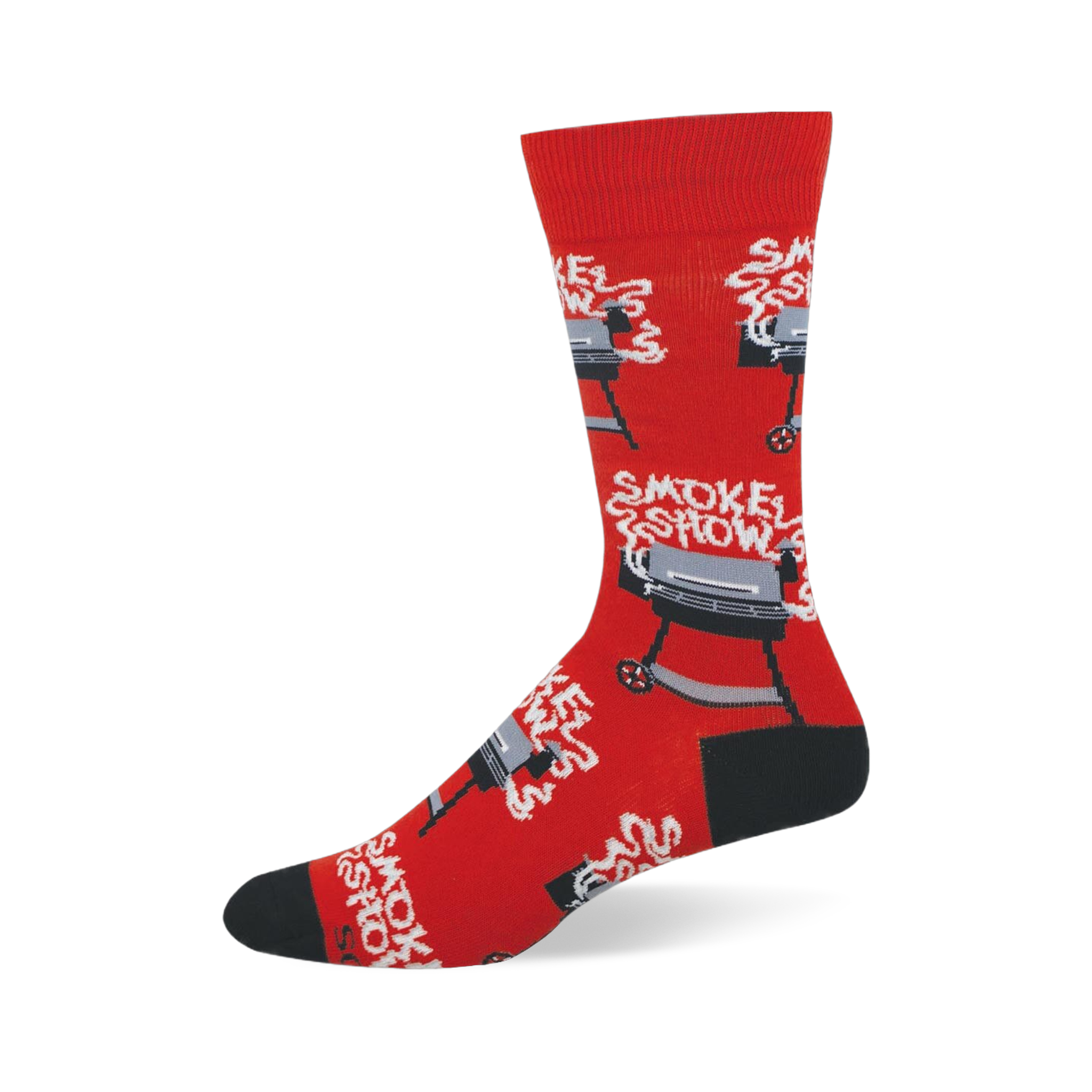 Bright red crew socks featuring black and grey barrel grills with white smoke rising up to spell the words Smoke Show.