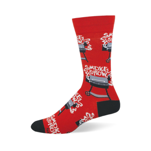 Bright red crew socks featuring black and grey barrel grills with white smoke rising up to spell the words Smoke Show.