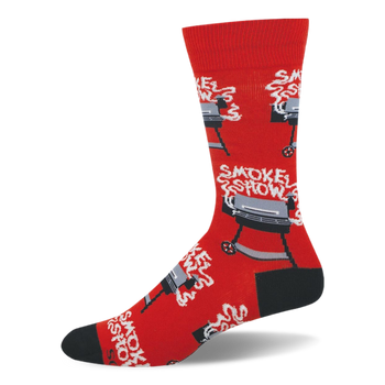 Bright red crew socks featuring black and grey barrel grills with white smoke rising up to spell the words Smoke Show.