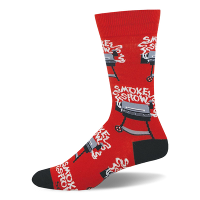 Bright red crew socks featuring black and grey barrel grills with white smoke rising up to spell the words Smoke Show.