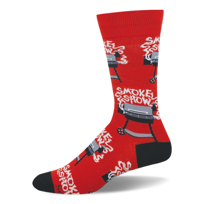 Bright red crew socks featuring black and grey barrel grills with white smoke rising up to spell the words Smoke Show. }}