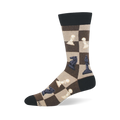 Crew sock with a brown and tan checkerboard pattern featuring white and black chess pieces like knights, pawns, and bishops.
