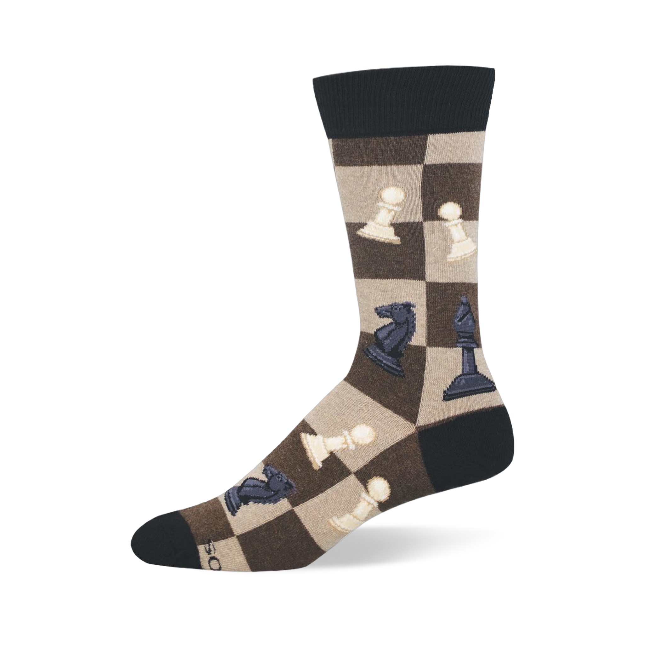 Crew sock with a brown and tan checkerboard pattern featuring white and black chess pieces like knights, pawns, and bishops.