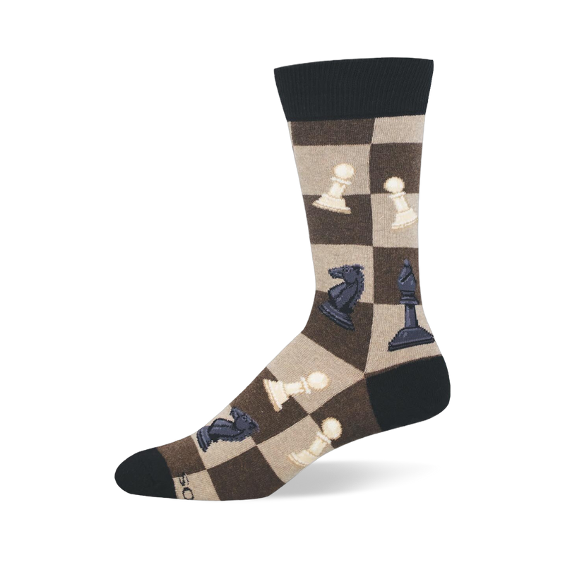 Crew sock with a brown and tan checkerboard pattern featuring white and black chess pieces like knights, pawns, and bishops.