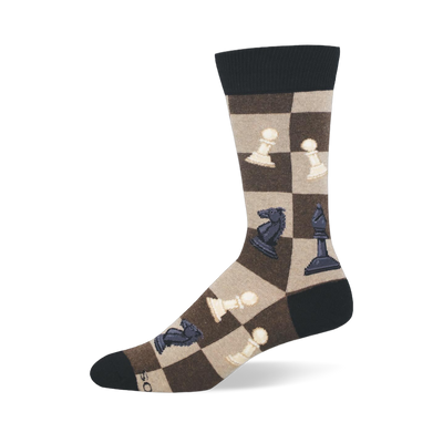 Crew sock with a brown and tan checkerboard pattern featuring white and black chess pieces like knights, pawns, and bishops.