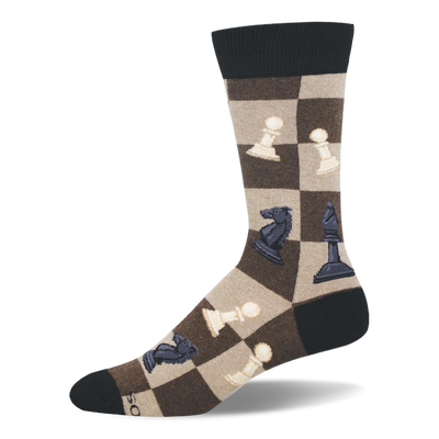 Crew sock with a brown and tan checkerboard pattern featuring white and black chess pieces like knights, pawns, and bishops.