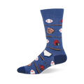 Blue crew sock featuring a pattern of white baseballs, brown wooden bats, leather mitts, and red batting helmets.