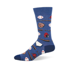 Blue crew sock featuring a pattern of white baseballs, brown wooden bats, leather mitts, and red batting helmets.