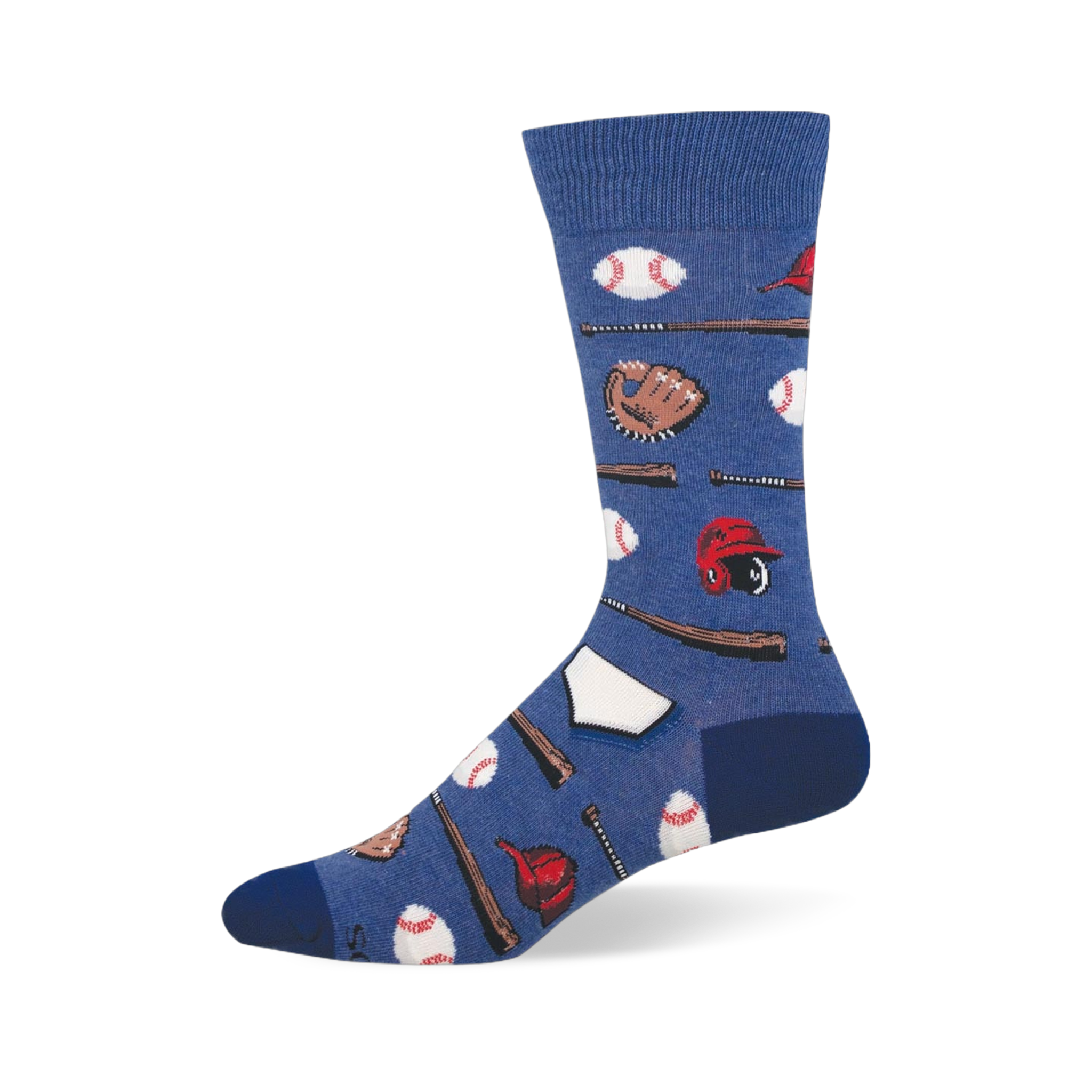 Blue crew sock featuring a pattern of white baseballs, brown wooden bats, leather mitts, and red batting helmets.