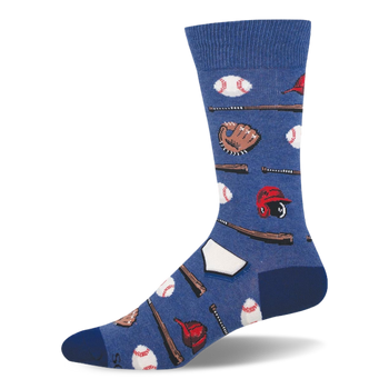 Blue crew sock featuring a pattern of white baseballs, brown wooden bats, leather mitts, and red batting helmets.