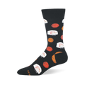 Black crew sock featuring a repeating pattern of orange basketballs and white backboards with red squares and nets.