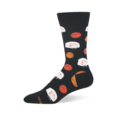 Black crew sock featuring a repeating pattern of orange basketballs and white backboards with red squares and nets.