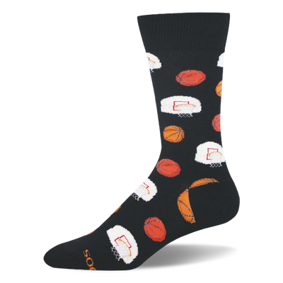 Black crew sock featuring a repeating pattern of orange basketballs and white backboards with red squares and nets.
