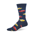 Navy blue crew sock featuring a repeating pattern of classic vintage convertible cars in bright yellow and red.