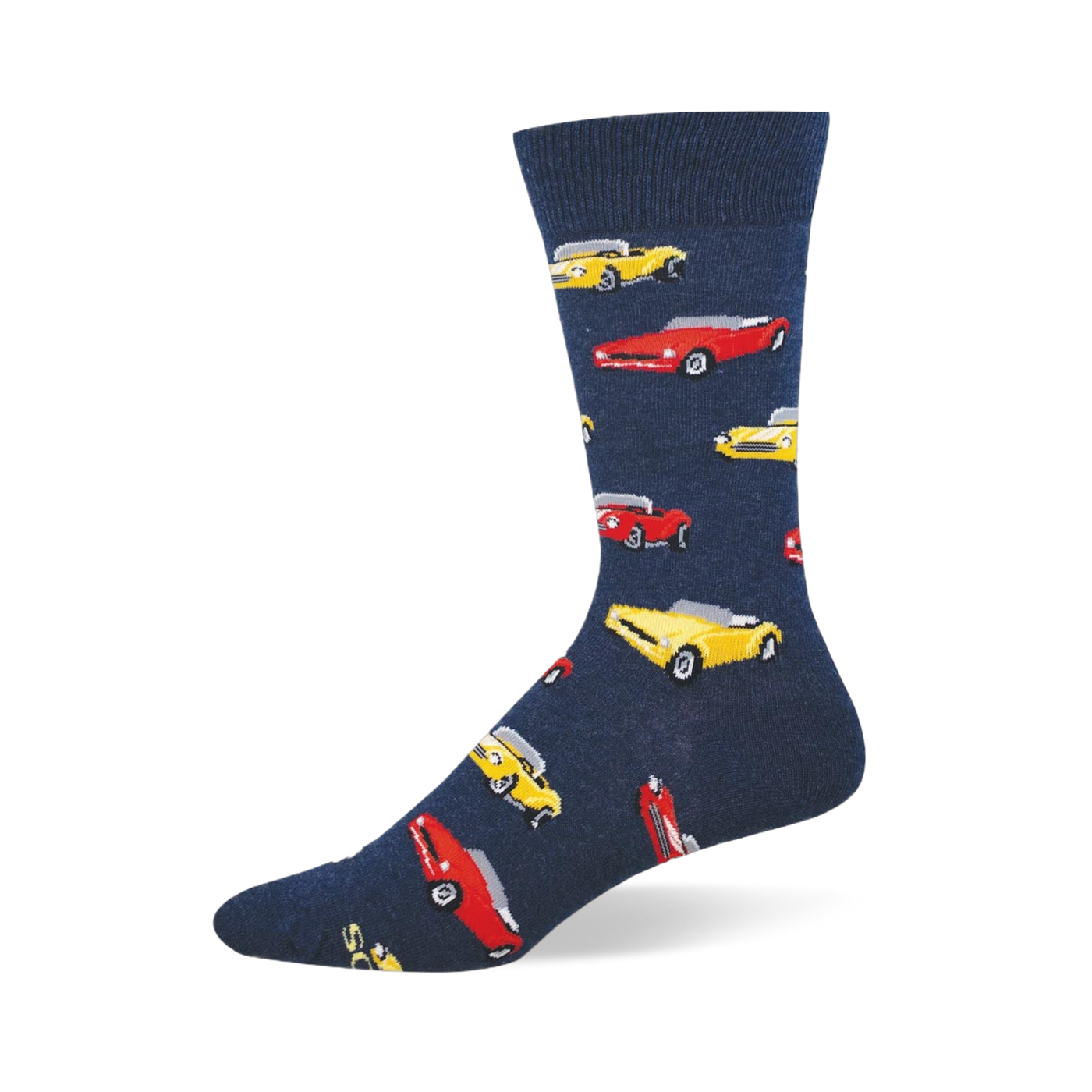 Navy blue crew sock featuring a repeating pattern of classic vintage convertible cars in bright yellow and red.