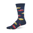 Navy blue crew sock featuring a repeating pattern of classic vintage convertible cars in bright yellow and red.