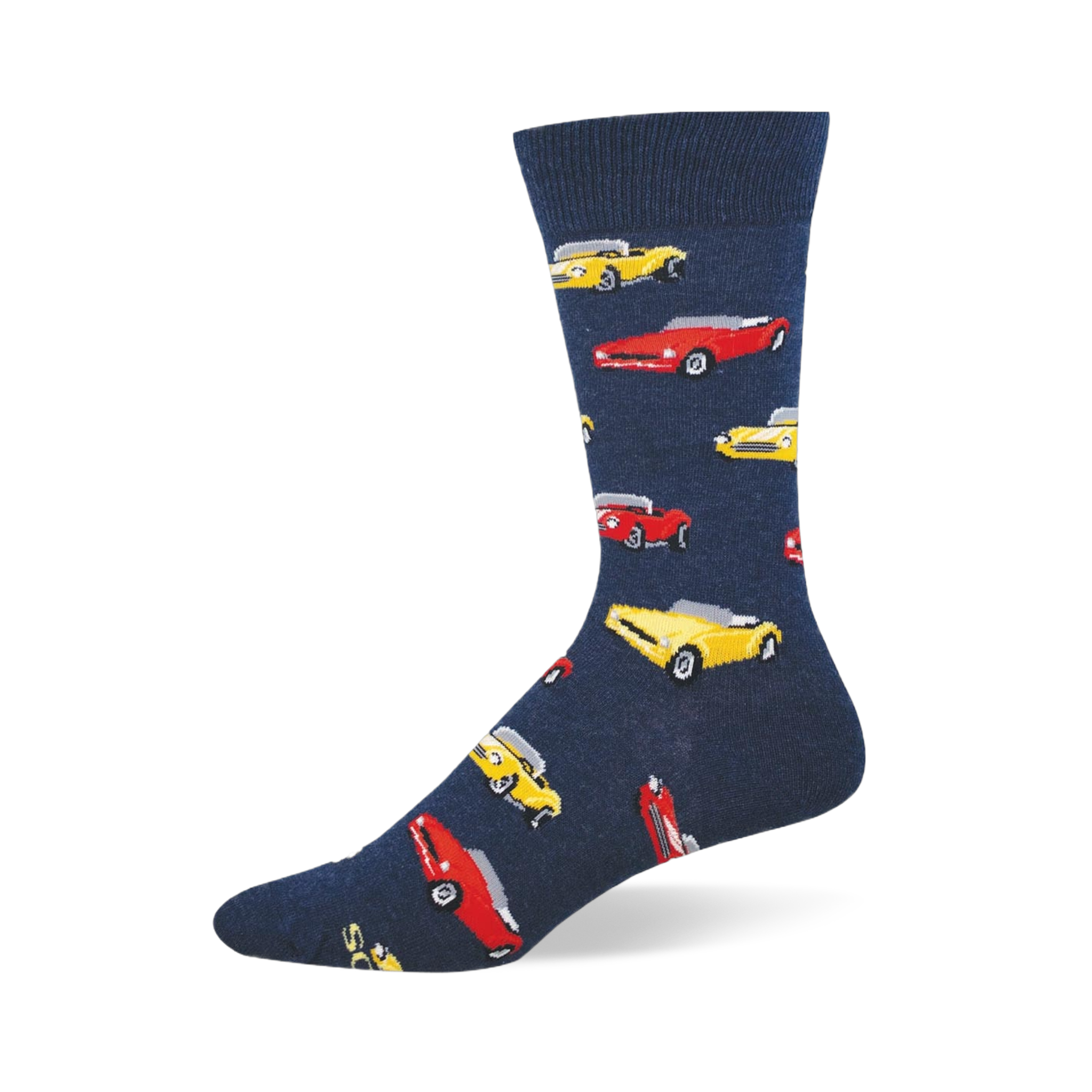 Navy blue crew sock featuring a repeating pattern of classic vintage convertible cars in bright yellow and red.