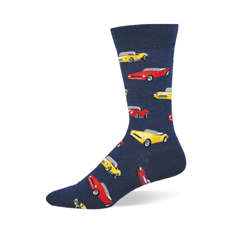 Navy blue crew sock featuring a repeating pattern of classic vintage convertible cars in bright yellow and red.