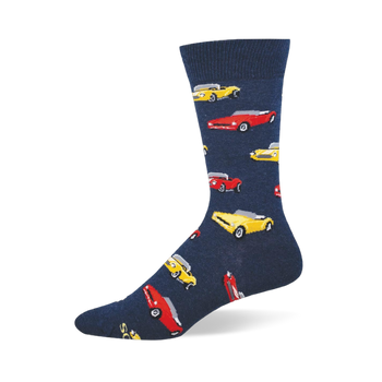 Navy blue crew sock featuring a repeating pattern of classic vintage convertible cars in bright yellow and red.
