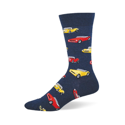Navy blue crew sock featuring a repeating pattern of classic vintage convertible cars in bright yellow and red.