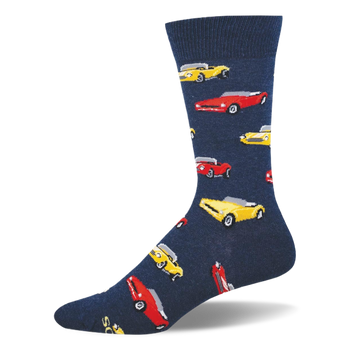 Navy blue crew sock featuring a repeating pattern of classic vintage convertible cars in bright yellow and red.