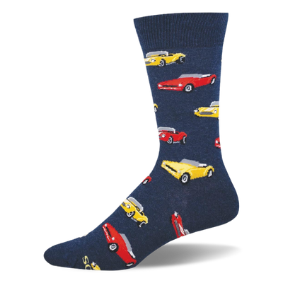 Navy blue crew sock featuring a repeating pattern of classic vintage convertible cars in bright yellow and red.