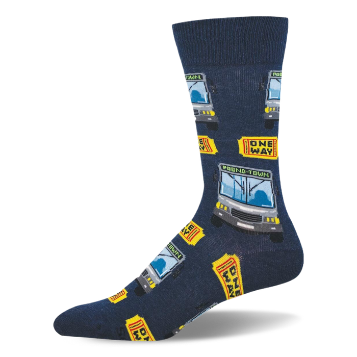 Navy blue crew socks featuring a pattern of grey buses reading POUND TOWN and yellow ONE WAY tickets. }}