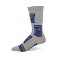 Light grey crew sock featuring a pattern of retro blue calculators with red and blue buttons displaying 0.7734 and 5318008.