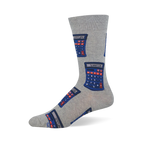 Light grey crew sock featuring a pattern of retro blue calculators with red and blue buttons displaying 0.7734 and 5318008.