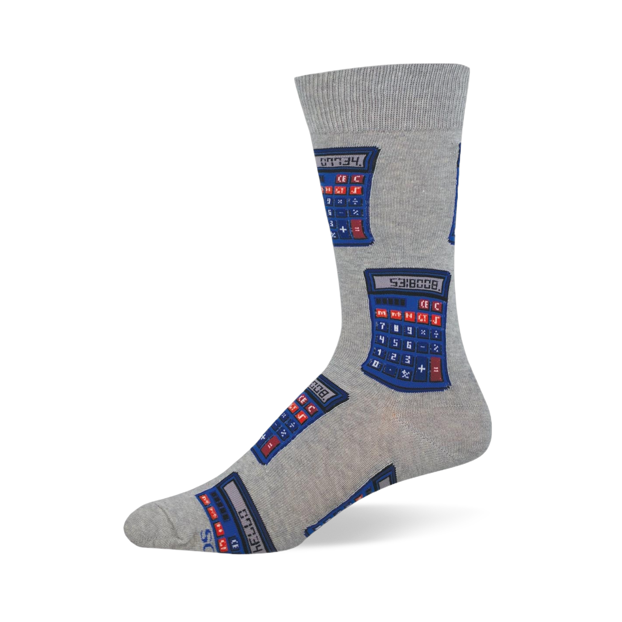 Light grey crew sock featuring a pattern of retro blue calculators with red and blue buttons displaying 0.7734 and 5318008.