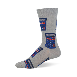 Light grey crew sock featuring a pattern of retro blue calculators with red and blue buttons displaying 0.7734 and 5318008.