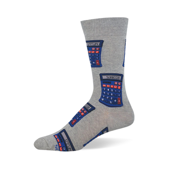 Light grey crew sock featuring a pattern of retro blue calculators with red and blue buttons displaying 0.7734 and 5318008.