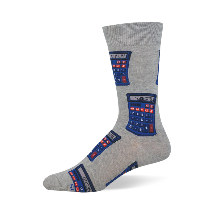Light grey crew sock featuring a pattern of retro blue calculators with red and blue buttons displaying 0.7734 and 5318008. }}