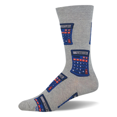 Light grey crew sock featuring a pattern of retro blue calculators with red and blue buttons displaying 0.7734 and 5318008.